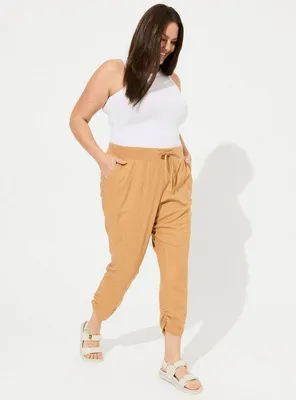 Crop Skinny Stretch Linen Mid-Rise Side Cinch Pant