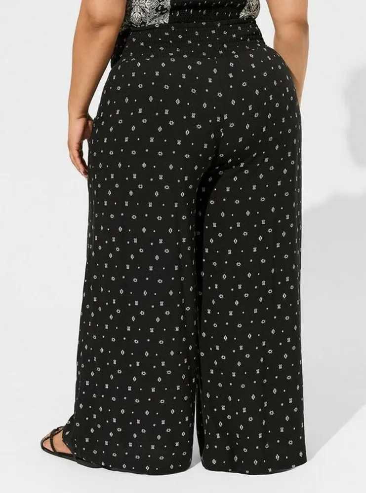 Pull-On Wide Leg Challis Smocked Waist High-Rise Pant