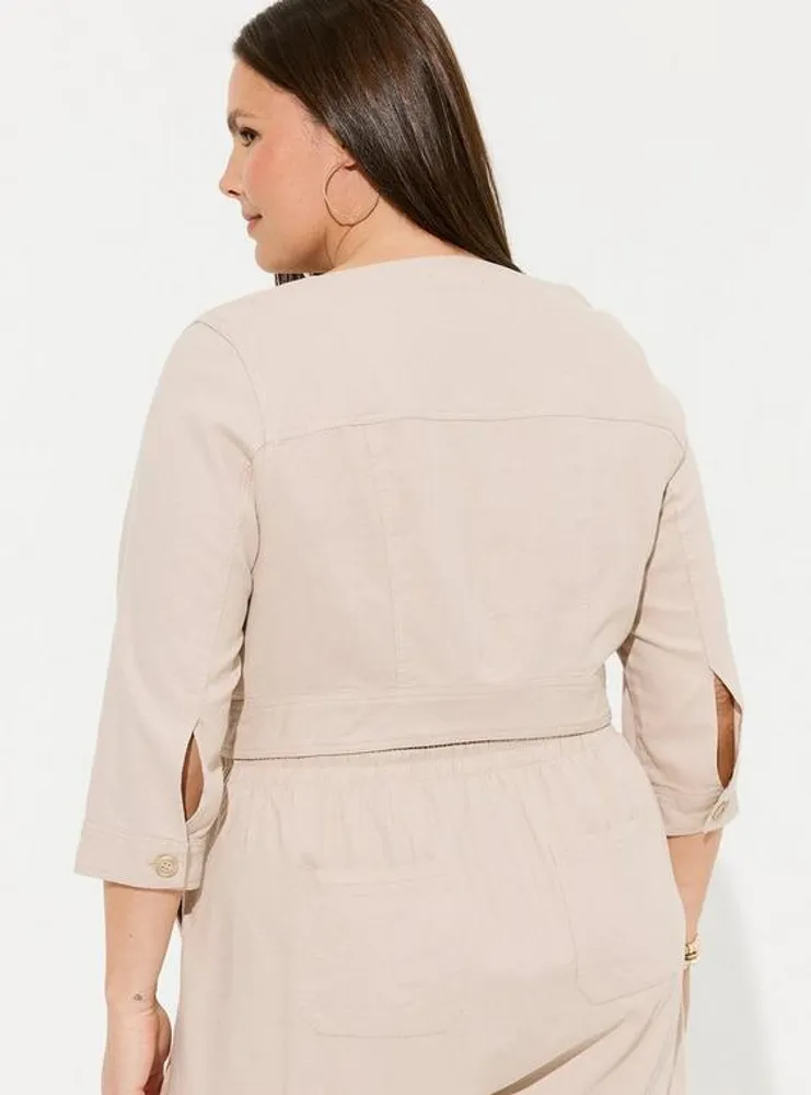 Linen Cropped Collarless Jacket