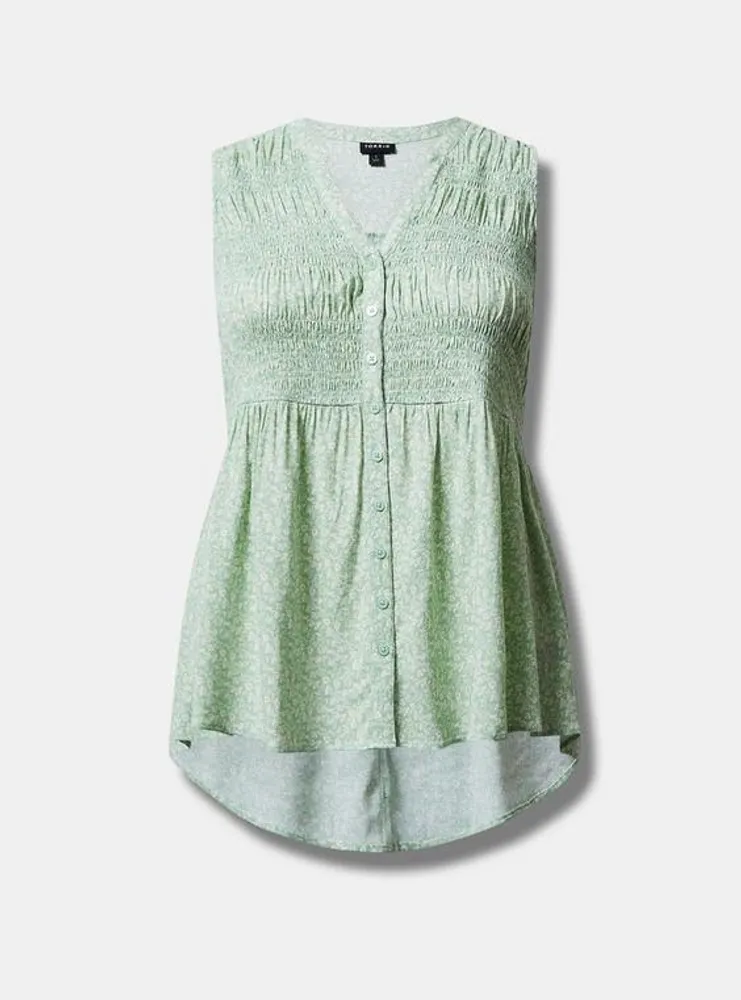 Rayon Slub Smocked Sleeveless Button-Up