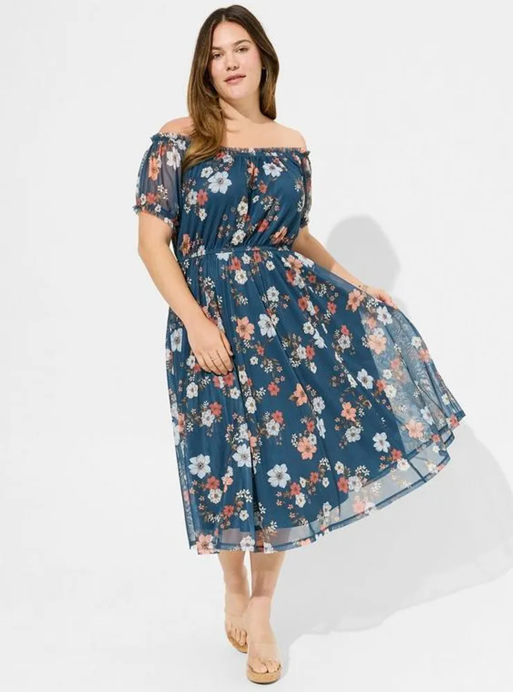 TORRID Tea Length Challis Off-Shoulder Dress