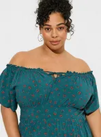 Tea Length Challis Off-Shoulder Dress