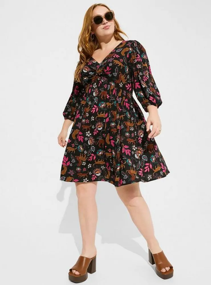 Mini Rayon Slub Balloon Sleeve Twist Font Dress