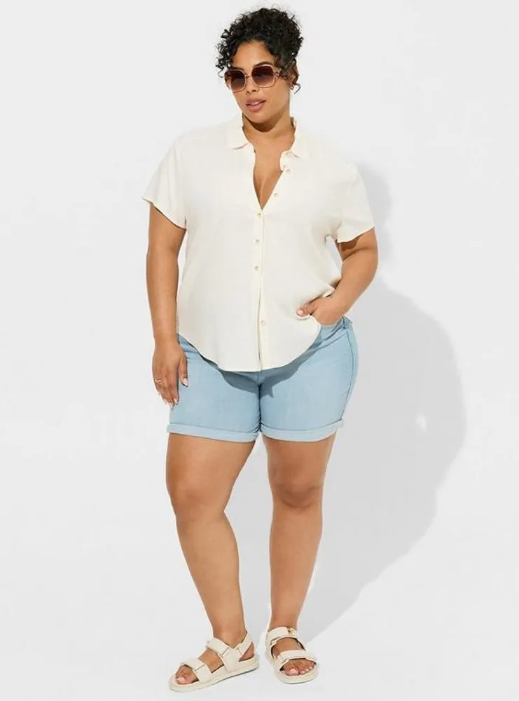 Rayon Linen Button Font Short Sleeve