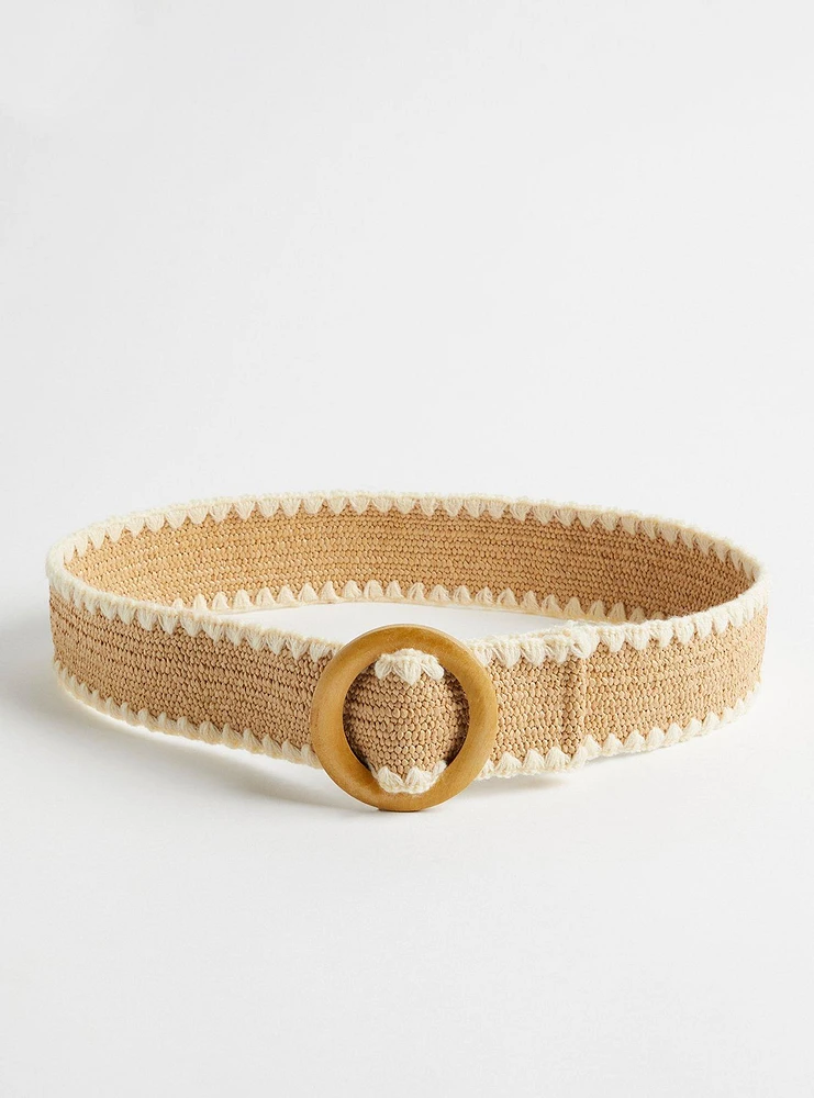 Raffia Stretch Belt with Wooden Buckle