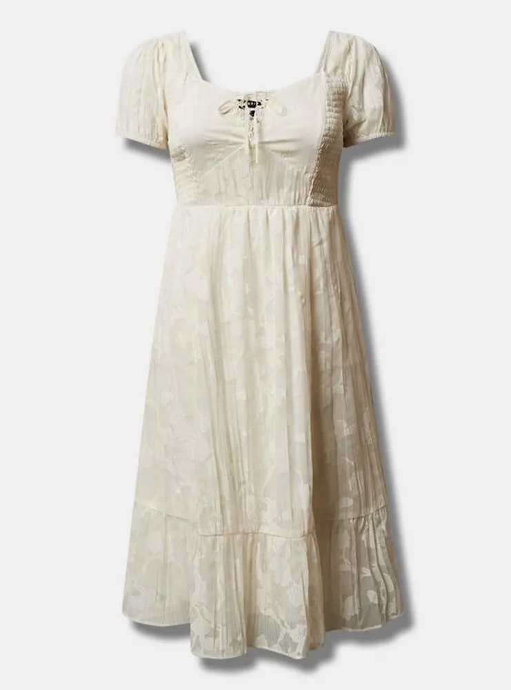 Midi Cotton Clip Dot Lace Up Smocked Dress