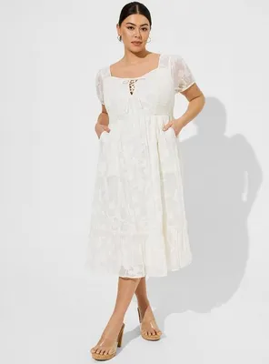 Midi Cotton Clip Dot Lace Up Smocked Dress