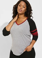 Super Soft Slub V-Neck Quarter Sleeve Varsity Tee