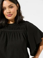 Knit Crewneck Smocked Flutter Sleeve Top