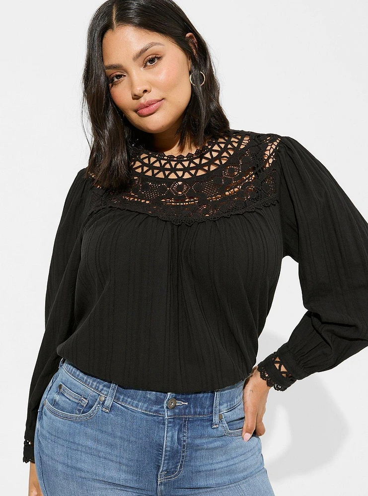 Cotton Lace Trim Yoke Blouson Sleeve Top