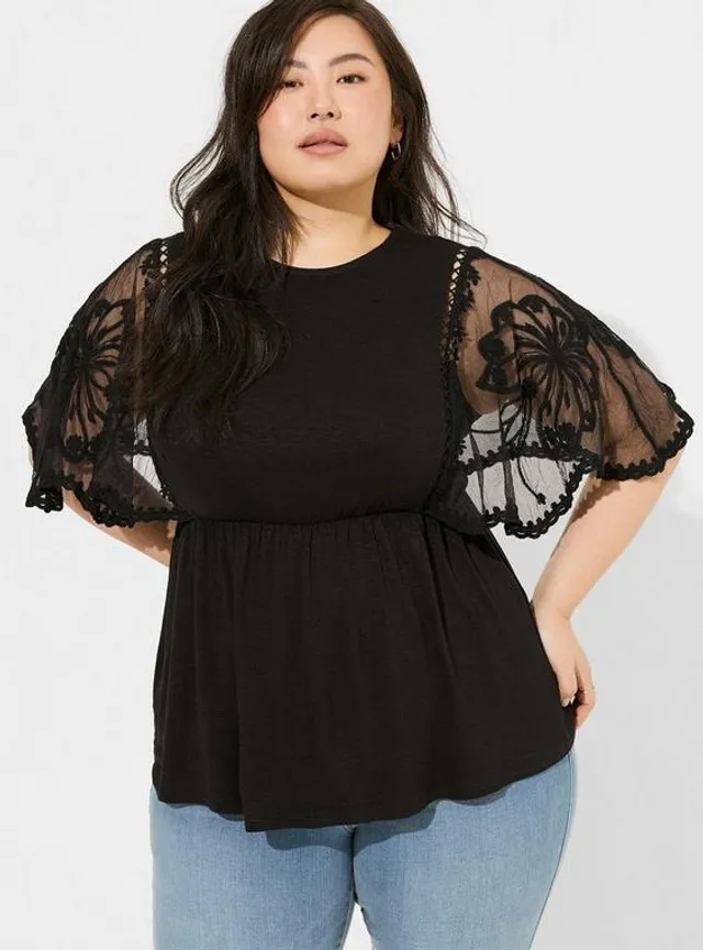 TORRID Knit Square Neck Lace Inset Flutter Sleeve Babydoll Top