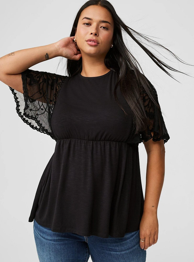 Knit Crew Neck Lace Dolman Sleeve Babydoll Top