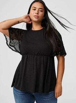 Knit Crew Neck Lace Dolman Sleeve Babydoll Top