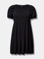 Mini Rayon Slub Puff Sleeve Smocked Dress