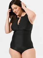 Wireless Henley High Neck One Piece Swimsuit