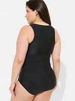 Wireless Henley High Neck One Piece Swimsuit