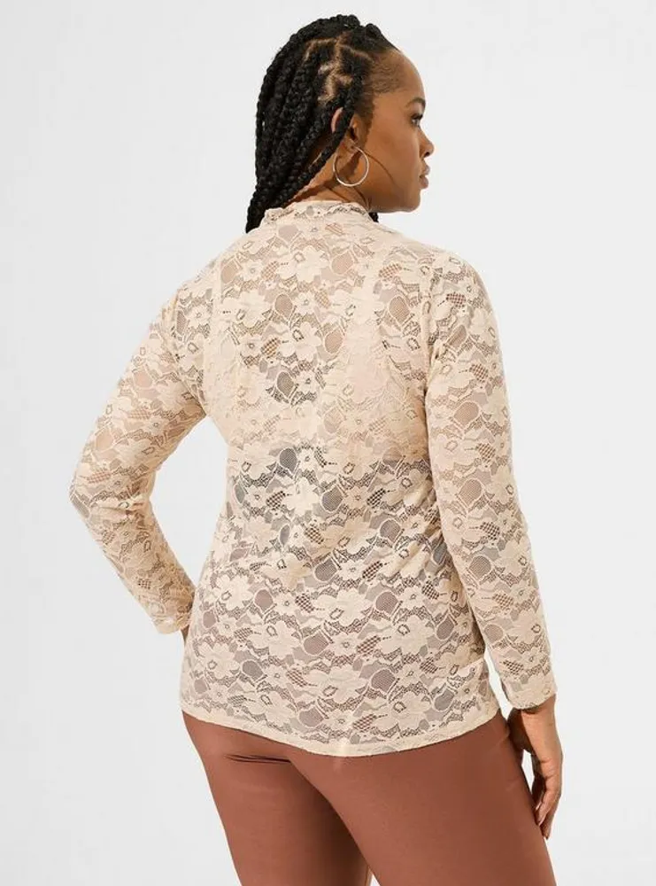 Sheer Stretch Lace Mock Neck Long Sleeve Top