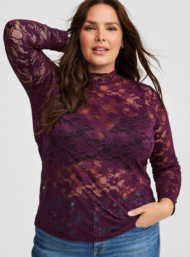 Sheer Stretch Lace Mock Neck Long Sleeve Top