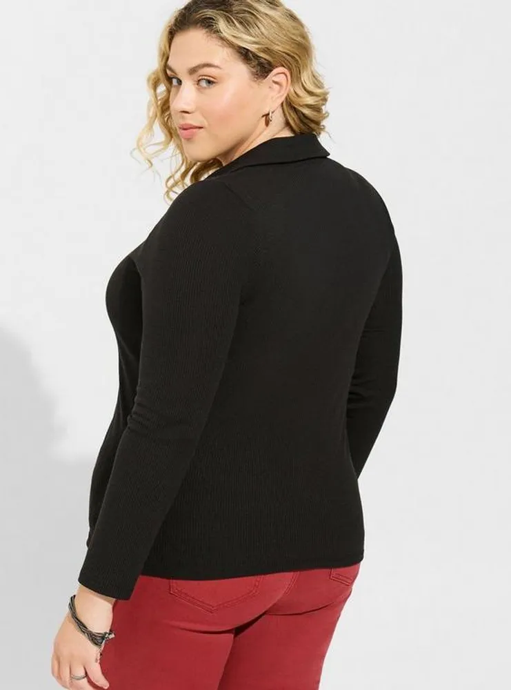 Fitted Super Soft Rib Collared V-Neck Long Sleeve Tee