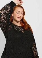 Stretch Lace And Mesh Crew Neck Long Sleeve Top