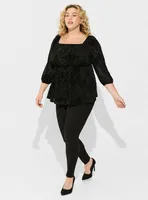 Flocked Mesh Square Neck Puff Sleeve Peasant Top