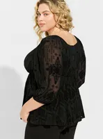 Flocked Mesh Square Neck Puff Sleeve Peasant Top