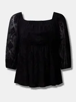 Flocked Mesh Square Neck Puff Sleeve Peasant Top
