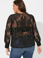 Mesh With Embroidery Long Sleeve Blouse