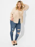 Super Soft Rib V-Neck Lace Trim Tie Front Long Sleeve Top
