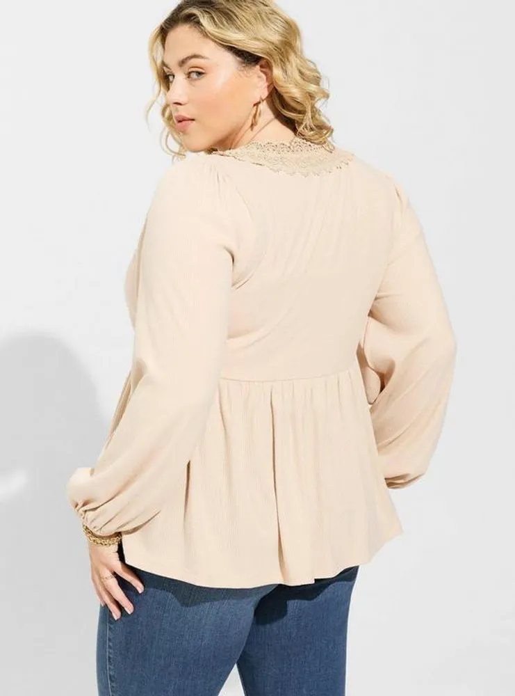 Super Soft Rib V-Neck Lace Trim Tie Front Long Sleeve Top