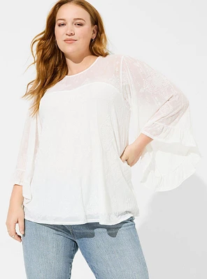 Flocked Mesh Crew Neck Bell Sleeve Swing Top