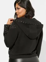 Cozy Fleece Oversized Hood Studded Zip Front Jacket