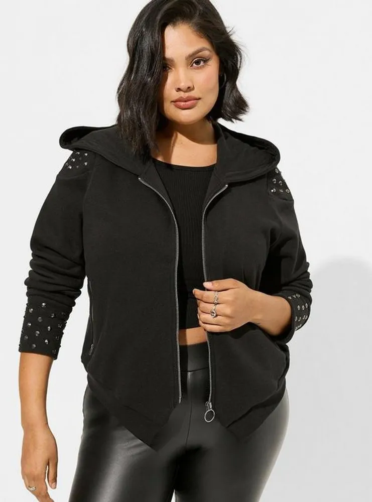 Cozy Fleece Oversized Hood Studded Zip Front Jacket