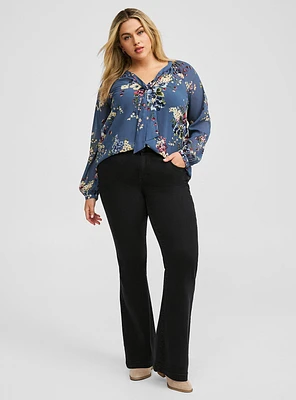 Crinkle Chiffon Raglan Tie Front Blouse