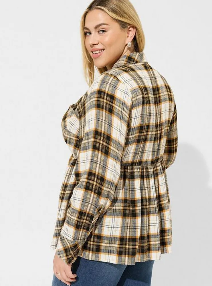 Peplum Crinkle Flannel Gauze Button Up Top