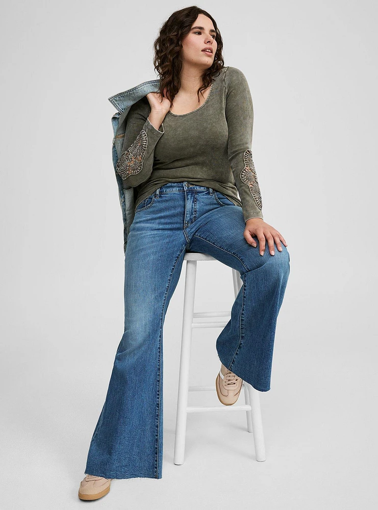 Cotton Modal Rib Scoop Neck Crochet Long Sleeve Top