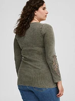 Cotton Modal Rib Scoop Neck Crochet Long Sleeve Top