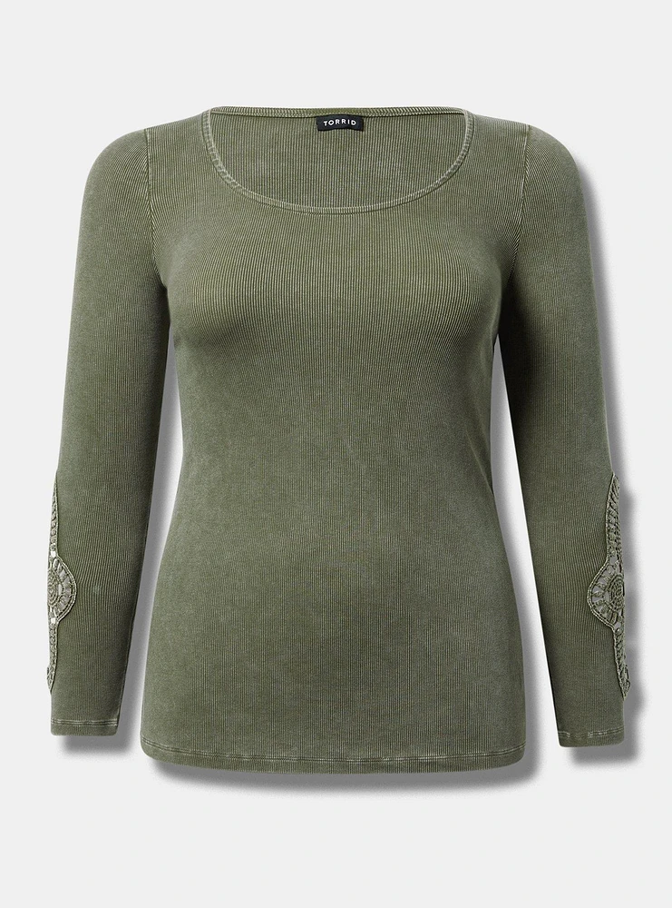 Cotton Modal Rib Scoop Neck Crochet Long Sleeve Top