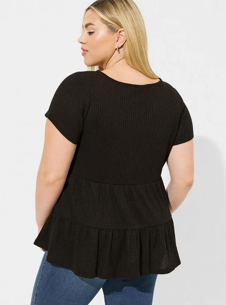 Waffle Crew Neck Tiered Relaxed Top