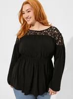 Studio Crepe Crew Neck Lace Yoke Babydoll Top