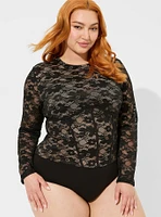 Stretch Lace Crew Neck Long Sleeve Corset Bodysuit