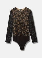 Stretch Lace Crew Neck Long Sleeve Corset Bodysuit