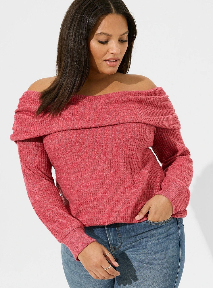 Brushed Waffle Off Shoulder Long Sleeve Top