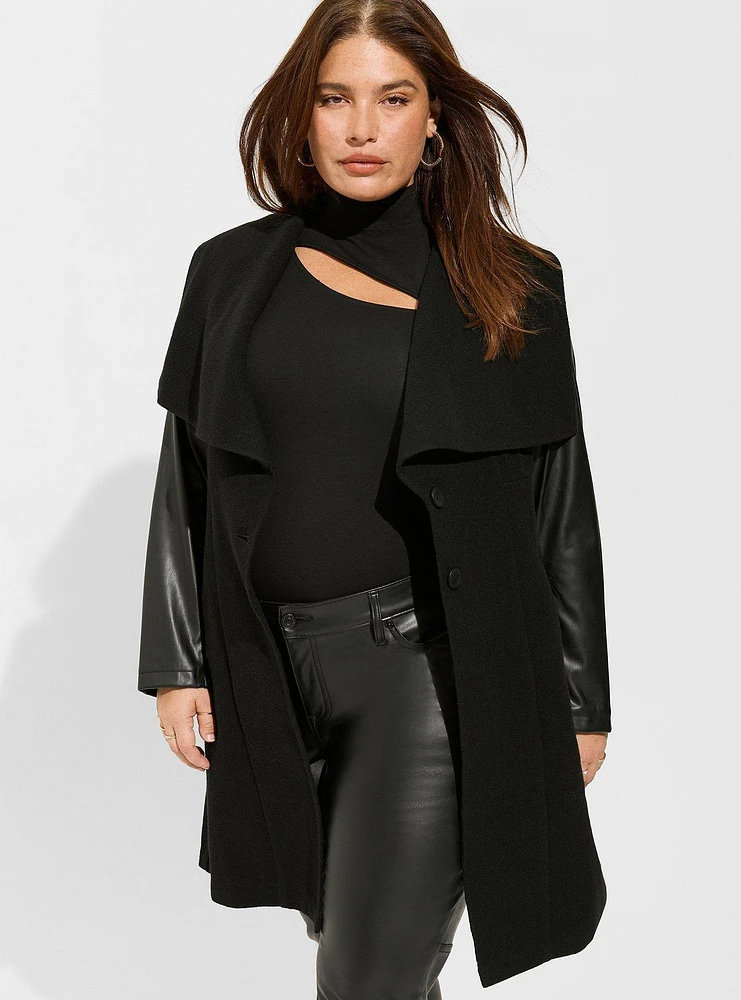 Faux Leather Sleeve Wool Coat