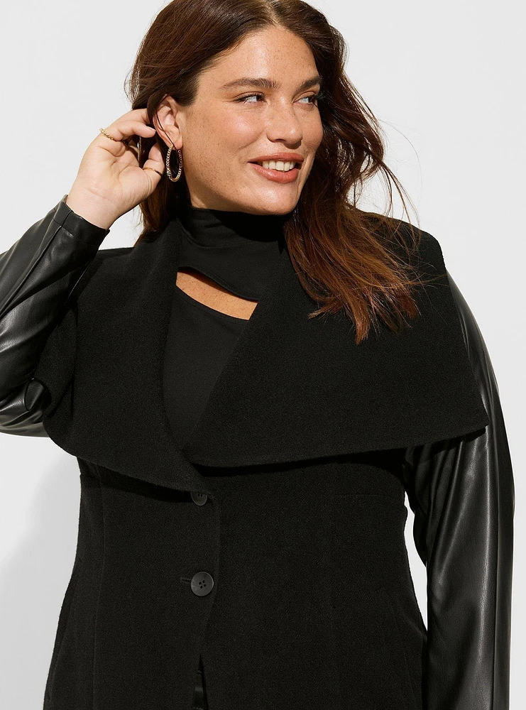 Faux Leather Sleeve Wool Coat