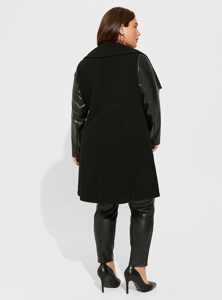 Faux Leather Sleeve Wool Coat
