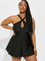 Wireless Cutout Halter Mid Length Swim Dress With Brief