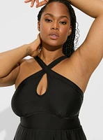 Wireless Cutout Halter Mid Length Swim Dress With Brief