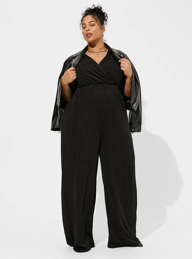 Glitter Knit Surplice Wide Leg Jumpsuit