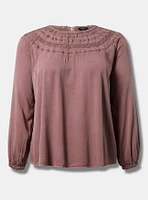 Rayon Twill Crochet Yoke Blouson Sleeve Top